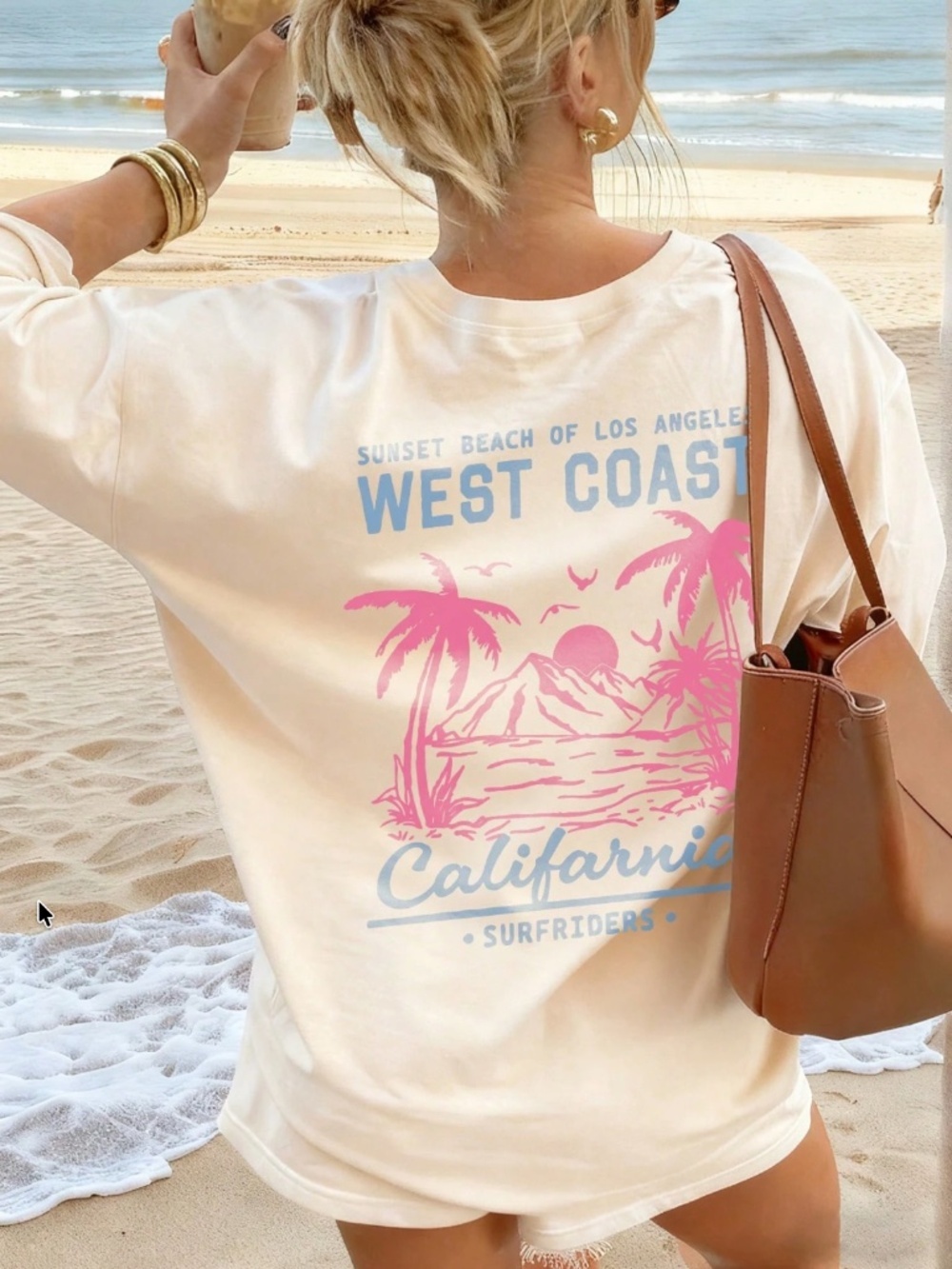 Beige California Los Angeles Print Graphic Oversized Tee Shirt Crew Neck